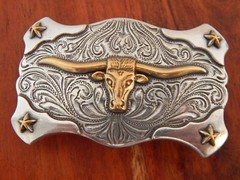 Silver Tone Metal Belt Buckle, Gold Tone Long Horn Steer Image SHIPS FREE