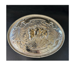 Vintage Alpaca Mexico Belt Buckle Three Horse Heads Western Filigree
