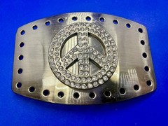 Peace Symbol Sign Rhinestone Bling Hole Border Hippy Silver Tone Belt Buckle