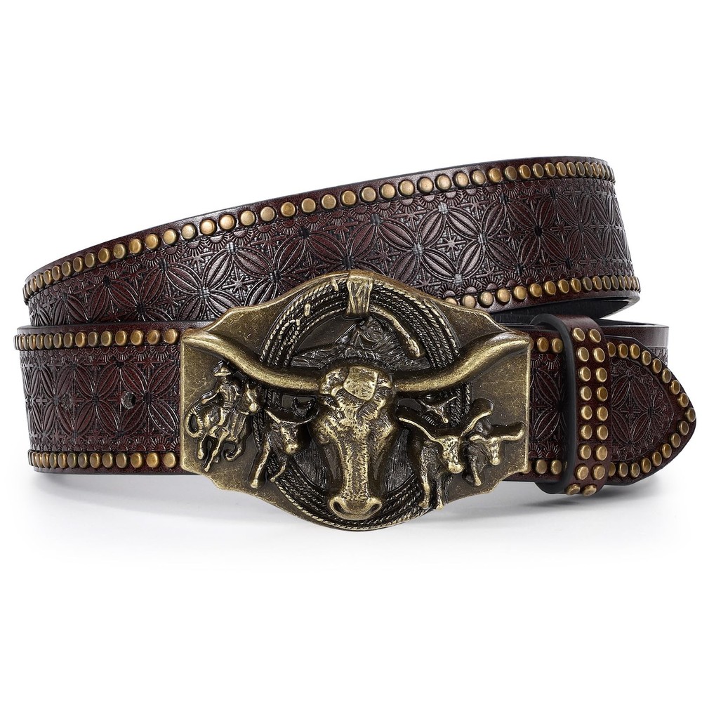 TRIWORKS Western Leather Belt for Men Cowboy Cowgirl Fit Size 38&Prime;-41&Prime;, Coffee