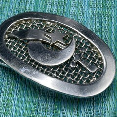 Vtg Shriners Belt Buckle Silver Tone Mesh Backdrop – Sword Moon Stars – Oval