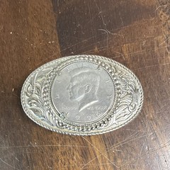 Oval Western Silver Metal Belt Buckle w/ Kennedy Coin Accent Floral Fits 1.5&Prime;