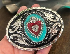 Sacred Heart Belt Buckle Valentines Day Turquoise Crown Mexican Art Western