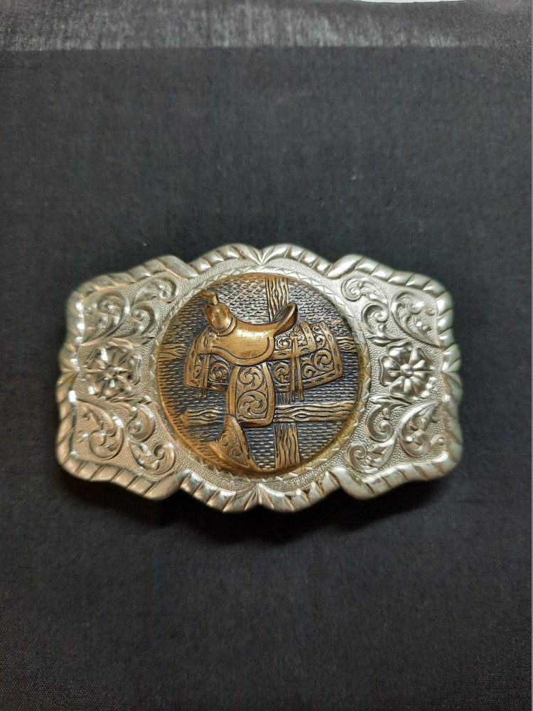 VINTAGE NICKEL SILVER WESTERN SADDLE THEME BELT BUCKLE Intricate Filigree Design