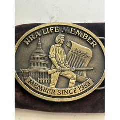 Vintage NRA Life Member Since 1983 Belt Buckle Brass Tone Second Amendment 2A