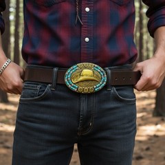 Men Women Antique Gold Metal Belt Buckle Cowboy Hat Turquoise Blue Bead Filigree