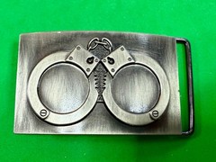 Hand Cuffs Raised Handcuffs on Silver Color Rectangular Belt Buckle
