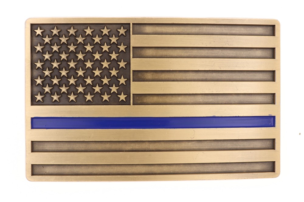 Thin Blue Line Police Officer American USA Flag Bronze Plated Metal Belt Buckle