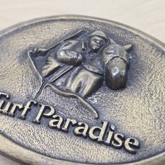 Turf Paradise Belt Buckle Horse Jockey Racing Vintage Metal Western Americana