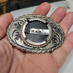 Vintage Silver Dollar Coin Gem Stone Holder Prong Belt Buckle Black Inlay Oval