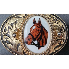 Vintage Brass Horse Head Belt Buckle with Porcelain Cameo 3.25&Prime; Western