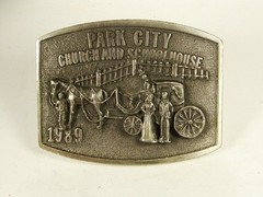 1988 Park City Utah Church & School House Belt Buckle by Ricker Bartlett w Box