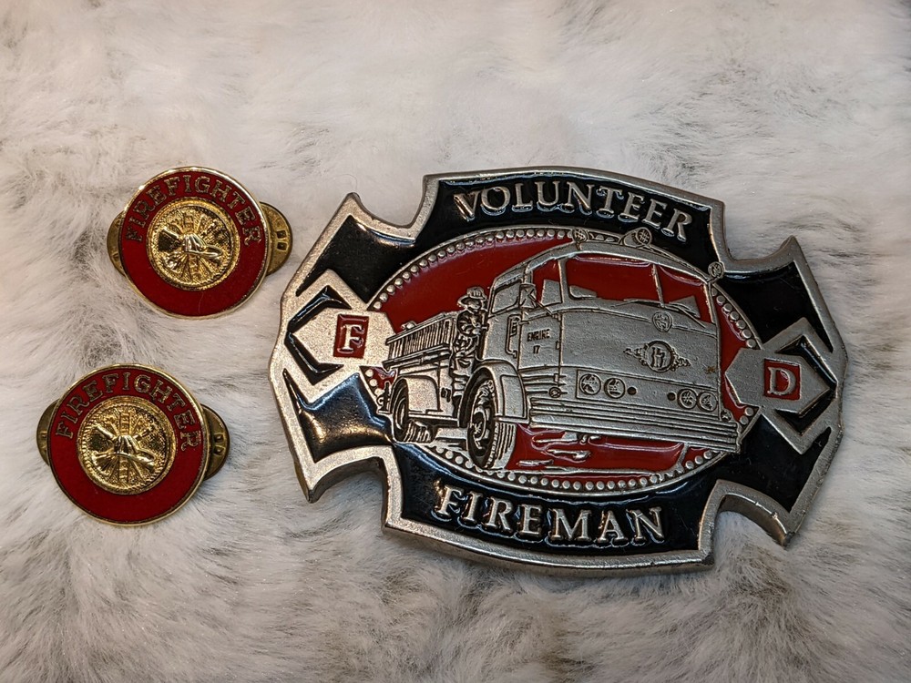 VTG Volunteer Fireman Red Enamel Belt Buckle FD Fire Department Truck + 2 pins