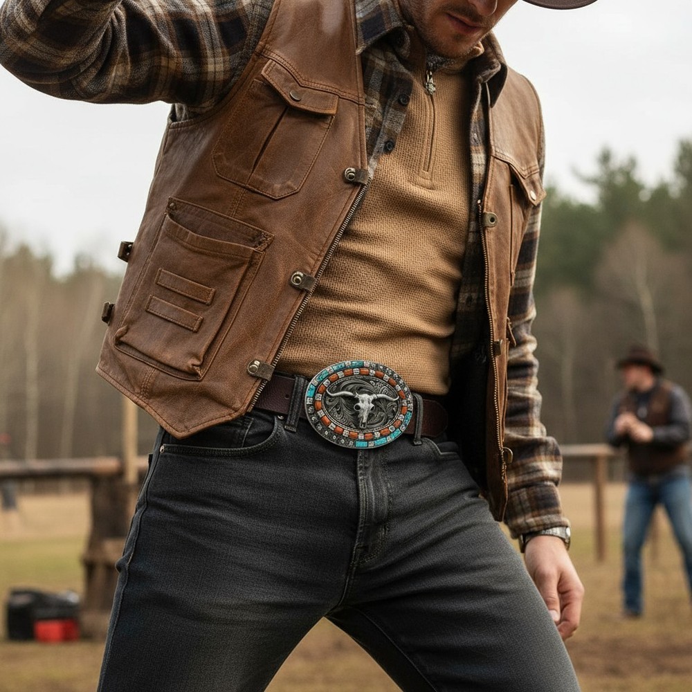 Men Silver Metal Buckle Western Fashion Bull Long Horn Texas Cow Rodeo Turquoise