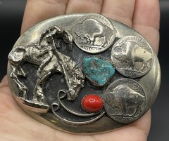 vintage HANDCRAFTED belt buckle BUFFALO NICKEL native american indian TURQUOISE