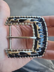 Vintage Flame Biker Style Belt Buckle Silver Tone Black