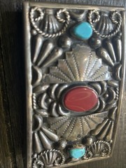 Vintage Native American Mexico Silver Turquoise & Coral Belt Buckle – 56 G