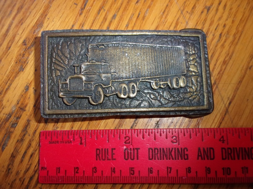 Vintage Brass Belt Buckle Semi Truck Support Trucker Tractor Trailer rectangular