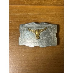 Vintage Nickel Silver Longhorn Bull Western Belt Buckle Engraved Floral Scroll