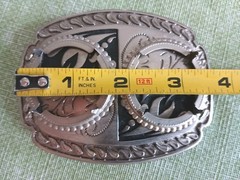 Vintage Western Metal Belt Buckle 4&Prime; Filigree & Paisley w/Two Large Coin Inserts