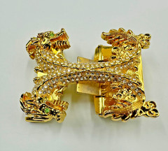 Double Dragon Rhinestone Ratchet Belt Buckle Gold Tone Automatic Slide