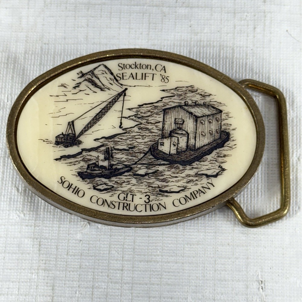 Vintage Sohio Construction Co. Sealift 1985 Belt Buckle Scrimshaw Solid Brass