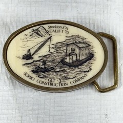 Vintage Sohio Construction Co. Sealift 1985 Belt Buckle Scrimshaw Solid Brass