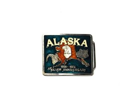 Vintage 1984 Alaska Silver Anniversary Belt Buckle Enamel Metal Bear Dall Sheep