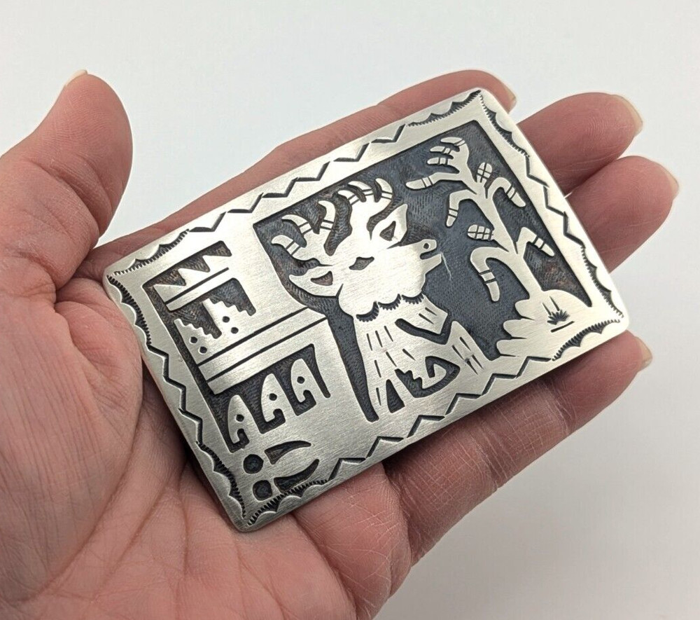 Native American Sterling Silver Belt Buckle Overlay Design Collectible Jewelry**