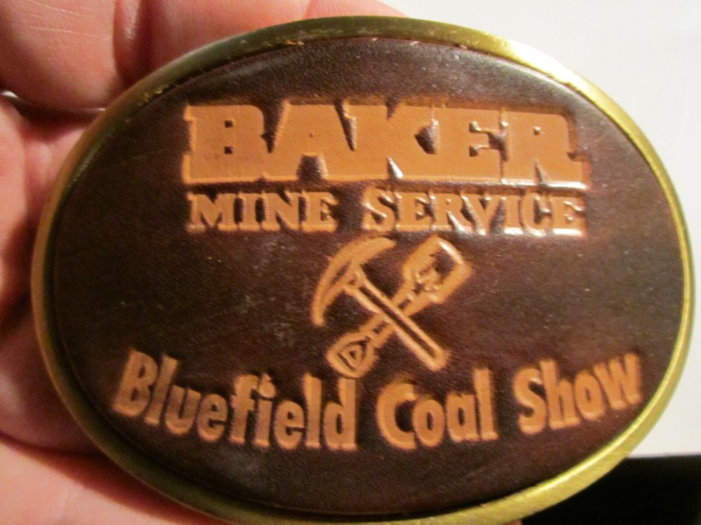 VINTAGE BAKER MINE SERVICE THEME BELT BUCKLE LEATHER AND BRASS BBA-7