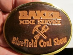 VINTAGE BAKER MINE SERVICE THEME BELT BUCKLE LEATHER AND BRASS BBA-7