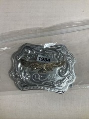 VINTAGE ANTIQUE METAL BELT BUCKLE Silver Tone Flying Eagle Bird