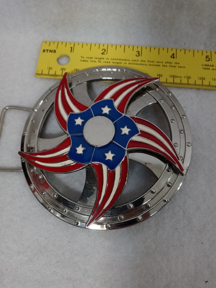 Fashion 4 1/2&Prime; American Flag Belt Buckle Silver Toned Round Shape Spinner star