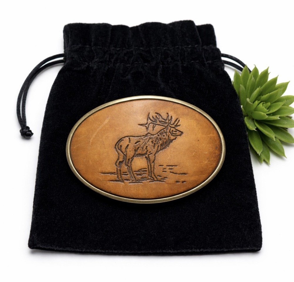 Vintage Elk Leather Belt Buckle Western Wildlife Oval Brown Brass USA