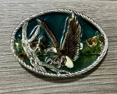Vintage Eagle Landing On Branch Enameled Metal Belt Buckle Silver Tone Nature