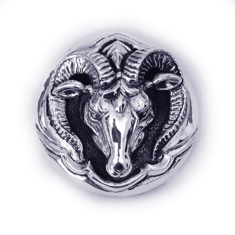 Aries Ram Head Sterling Silver Round Belt Buckle