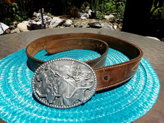 ZEE SERIES OKLAHOMA ADM MEN&rsquo;S CATTLE DRIVE WESTERN BELT BUCKLE AND BELT 37&Prime;-42&Prime;