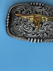 Btilasif Silver Tone Filigree Belt Buckle w/Gold Tone Texas Longhorn