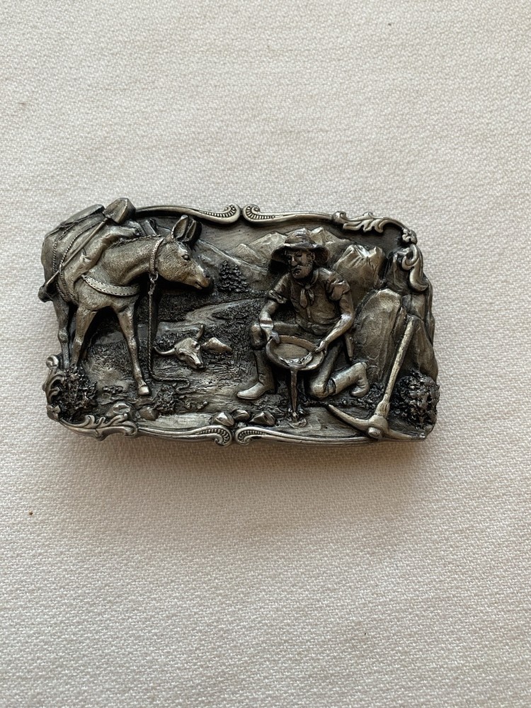 1981 Siskiyou Buckle & Arroyo Grande Gold Miner Panning Mule Belt Buckle Pewter