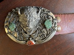 Vintage Sterling Signed Gomez Belt Buckle – Buffalo Turquoise/Coral