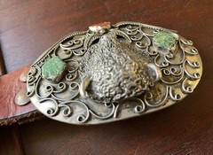 Vintage Sterling Signed Gomez Belt Buckle – Buffalo Turquoise/Coral