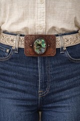Bronze Abalone Shell Belt Buckle Engraved Floral Inlay Fits 1.5 Inch Belt