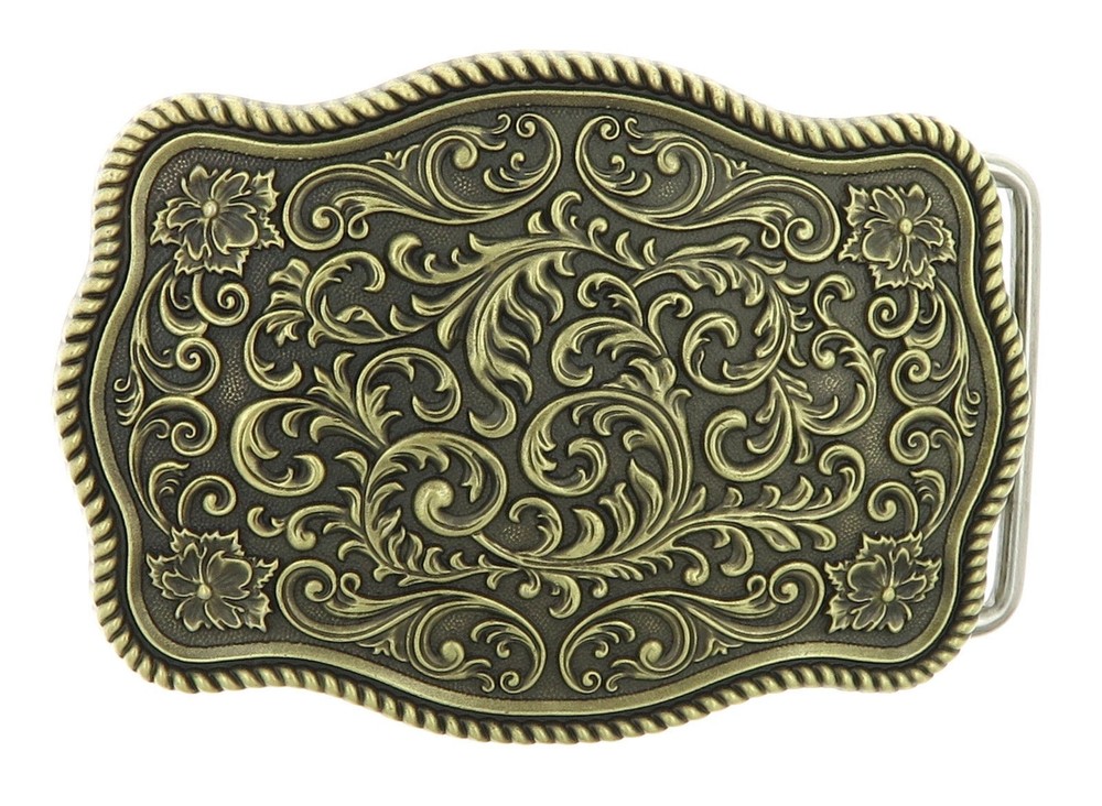 Bronze Plated Western Flower Pattern Rectangle Belt Buckle