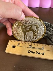 Crumrine Western Belt Silver Horse Design & Braided Gray-White Belt 30 Inches