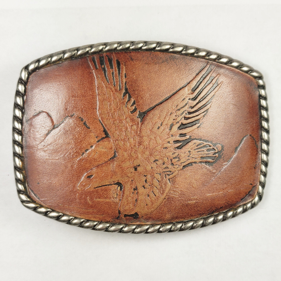 Western Stamped Leather Eagle Bird Scenery Cowboy Belt Buckle