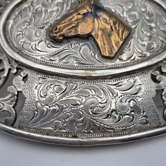 Men&rsquo;s Western Large Ornate Silver Overlay Belt Buckle With Copper Horse