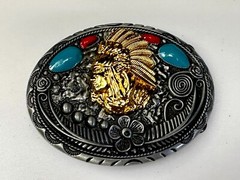 Native American Indian Chief in Head Dress Faux Turquoise & Coral Belt Buckle
