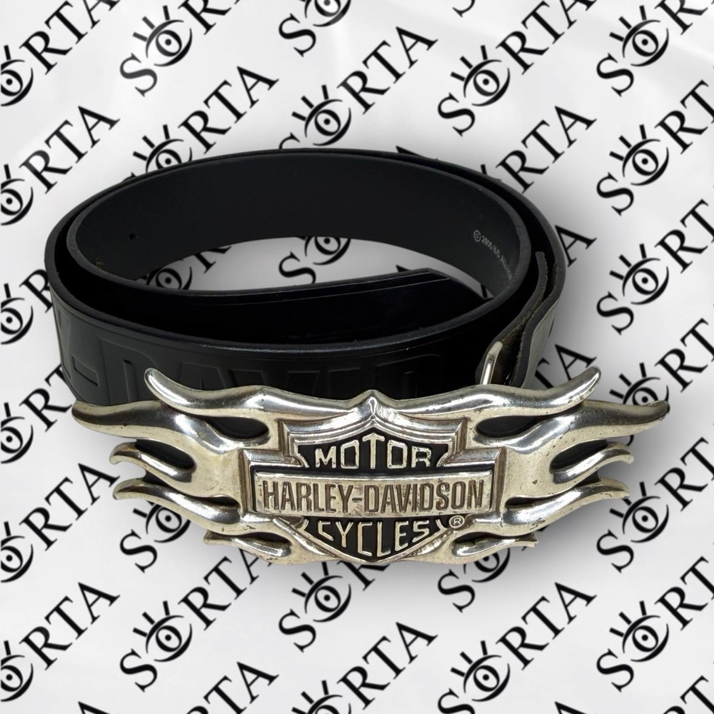 Vtg Y2k Harley Davidson Motorcycles Embossed Belt & Silver Flames Buckle Size 32