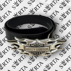 Vtg Y2k Harley Davidson Motorcycles Embossed Belt & Silver Flames Buckle Size 32