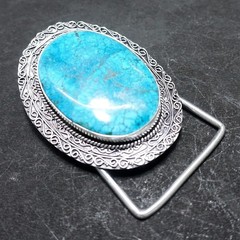 Handmade Silver Plated Belt Buckle with Natural Turquoise Stone- Western Vintage